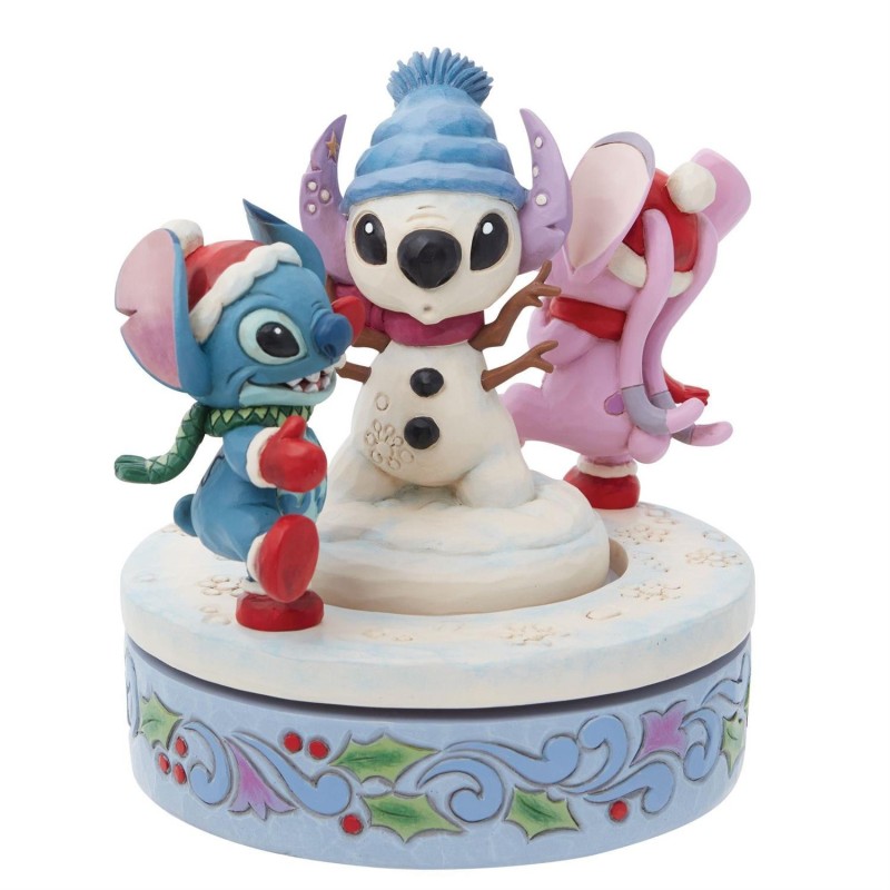 Figurine Stitch & Angel Construisent Un Bonhomme De Neige Rotatif - Disney Traditions
